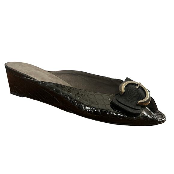 Stuart Weitzman Black Croc Embossed Slip On Bow Silver Buckle Slide Mule 10 N - Picture 1 of 10